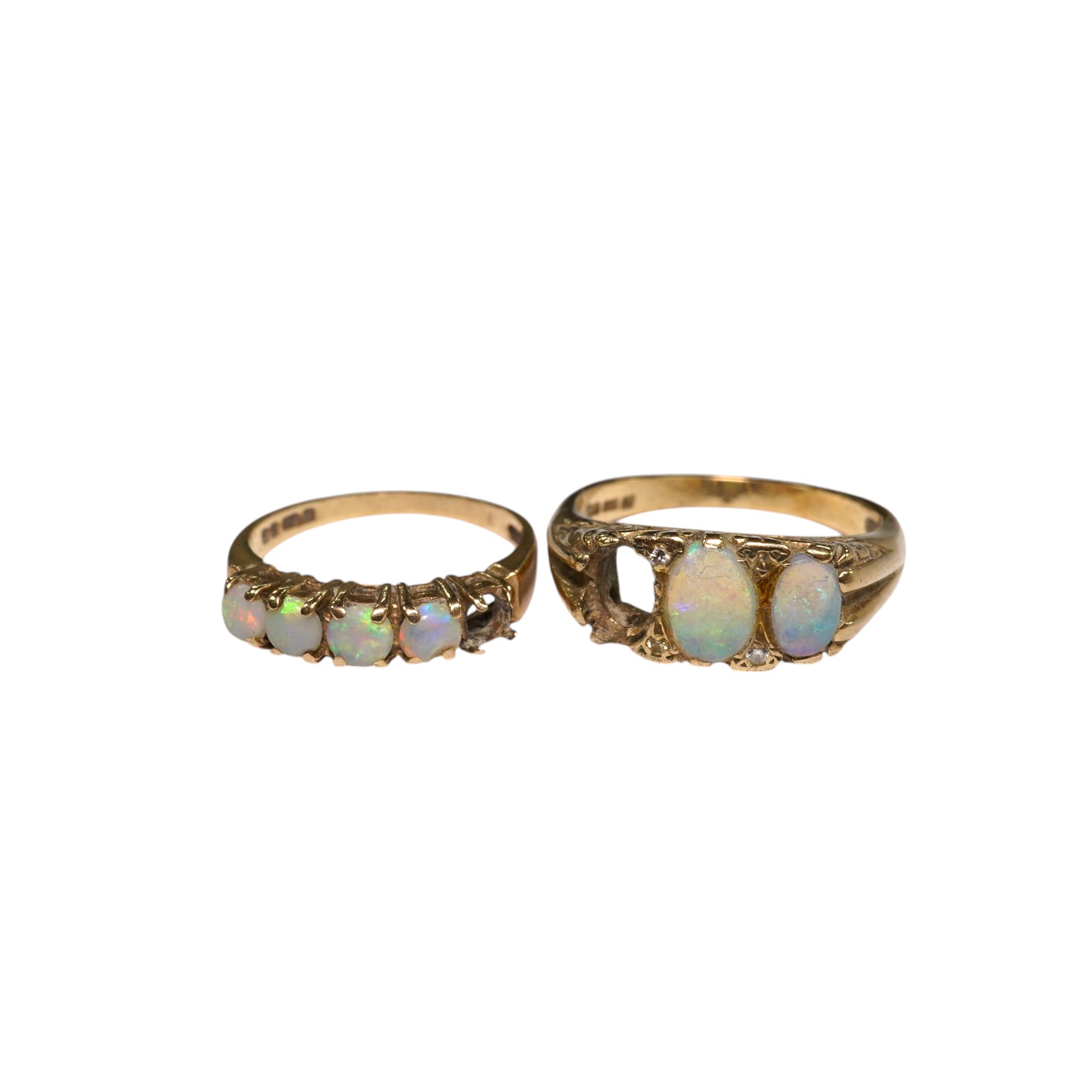 Two 9ct gold and opal cluster set rings, stones missing, gross weight 6.7 grams, Condition - poor